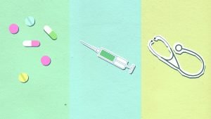 drawing of pills, stethescope, etc